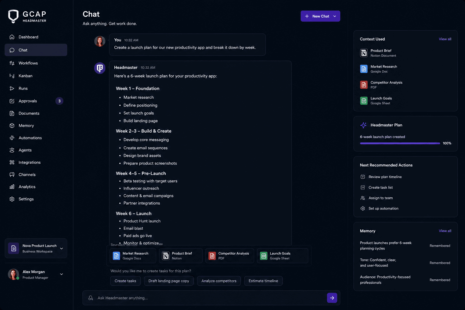 Headmaster chat view generating a product launch plan from workspace context.