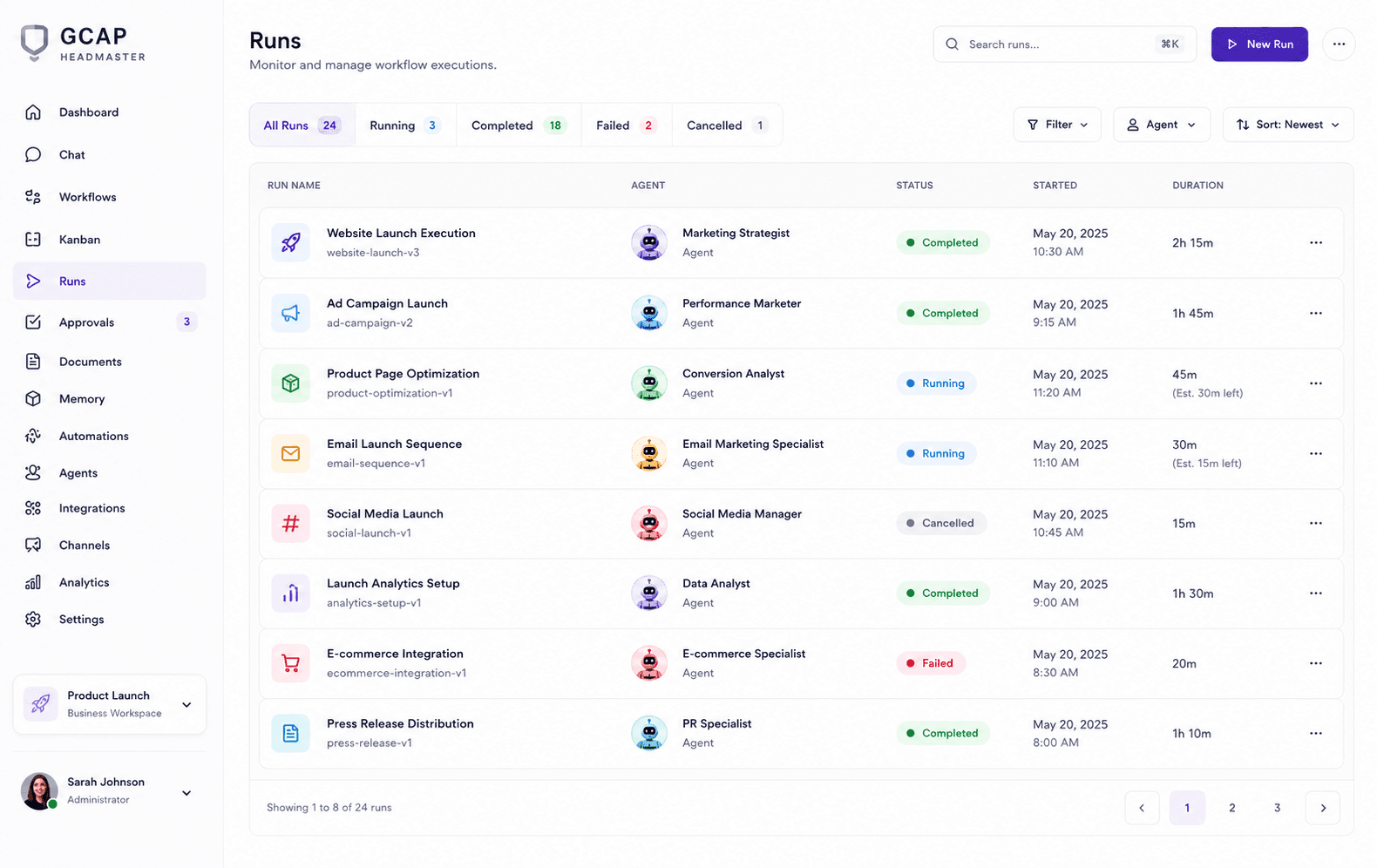 Runs page showing workflow execution history, agents, statuses, and durations.