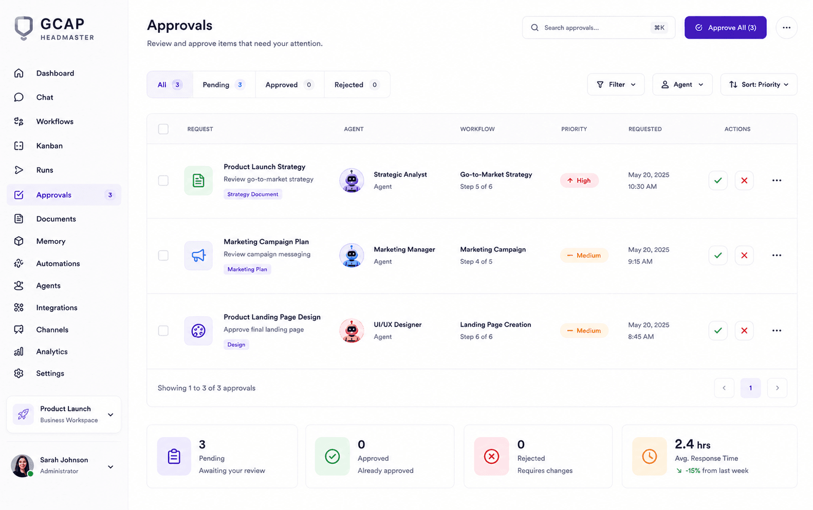 Approvals queue showing product launch documents awaiting human review.
