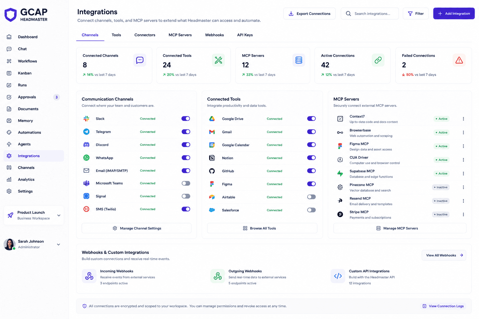 Integrations page showing channels, tools, connectors, MCP servers, webhooks, and API keys.